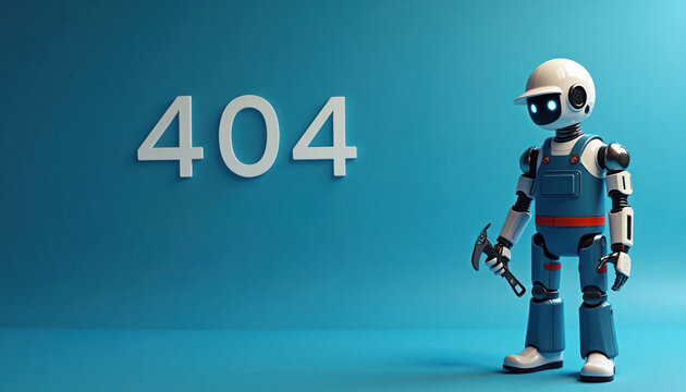 Serviceman robot stands on blue backdrop holding tools. Error 404 page not found. Robot working on solution. Robot technical assistance, problem solving. Possible tech company, web development