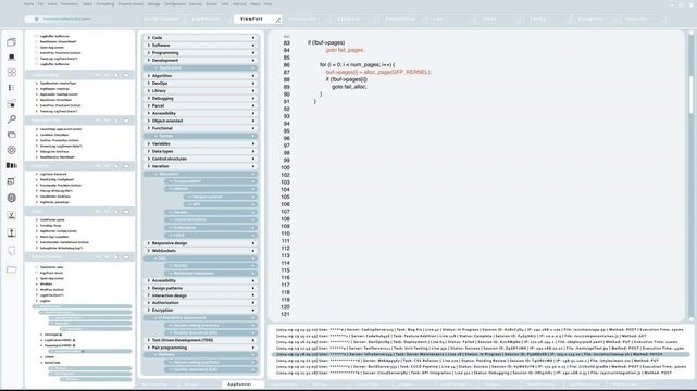 Sleek modern user interface displaying real time animations of programming code being typed and executed. Mockup of coding application UI used by IT engineers writing and testing code