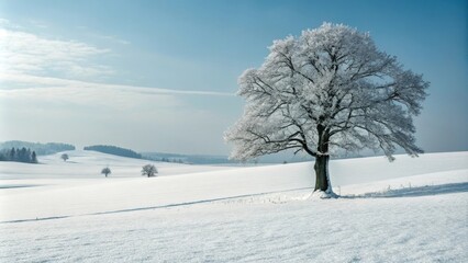 Fototapeta premium Snow covers a wide field with a large frozen tree in the foreground and other trees and forests in the background under a clear blue sky during daytime in winter