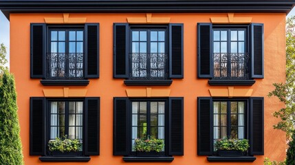 Obraz premium Orange building facade with black windows and shutters.