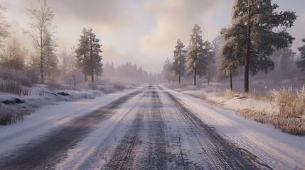Obraz premium Snowy road through winter forest at sunrise.