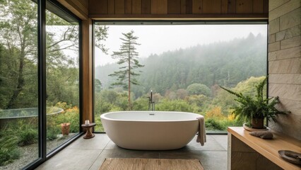 Fototapeta premium A spacious soaking tub positioned under a large window offers a serene view of nature filled with soft greens and earthy tones perfectly harmonizing indoor and outdoor elements.