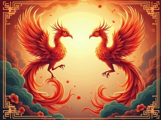 Obraz premium Two phoenixes in vibrant, traditional hues, entwined with swirling flames and floral designs