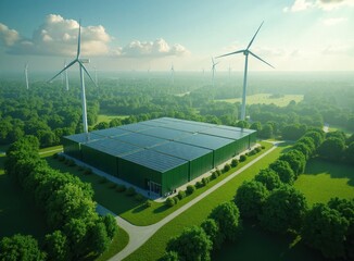 Green data center surrounded by trees, wind turbines. Eco-friendly tech building uses solar panels, renewable energy sources. Sustainable computing practices visible in modern facility. People