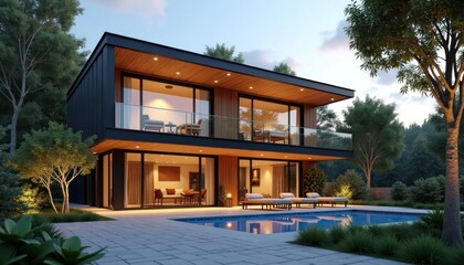 Fototapeta premium Modern house with wood facade has swimming pool, parking. Evening light shines through windows. Landscaping is beautiful. Cozy ambiance. Spacious design. Perfect for family or guests. Summer evening.