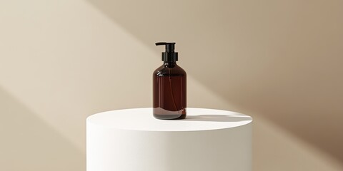 Obraz premium Minimalist Amber Bottle on Round Pedestal in Soft Natural Light