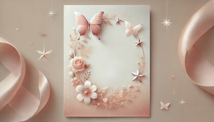 a romantic wedding invitation featuring a blush pink butterfly and star wreath on a champagne gradient background.