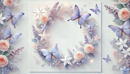 a soft and dreamy wedding invitation featuring a lavender butterfly and star wreath on a white background