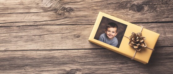 Child smiling with gift box cozy home setting photo warm atmosphere close-up joy of giving