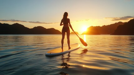 Sunset paddleboarding adventure tranquil lake outdoor activity serene setting side view mindfulness and relaxation