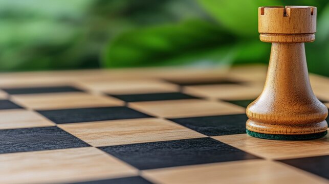 Chess strategy captivating rook close-up on wooden board indoor setting conceptual photography for game enthusiasts