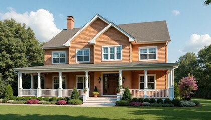 Fototapeta premium Suburban house features large front porch, well-maintained yard. Attractive landscaping with shrubs, flowers surrounds house. Welcoming porch invites relaxation. Home comfortable, stylish suburban