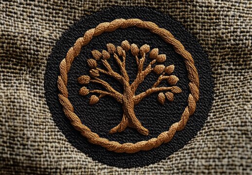 Minimalist Logo Design Embroidered Circular Motif Stylized Tree Earthy Tones Scandinavian Design