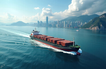 Fototapeta premium Aerial shot of cargo ship sailing Hong Kong bay. Modern city skyline visible in background. Ship moving through water. Shipping, trade concept. Beautiful sunny day with low clouds. Vast bodies of