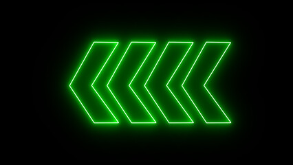 Glowing green neon light traffic directional arrows sign. Left arrow for road direction. Flashing direction indicators