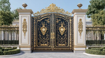 Grand double-door gate design, adorned with gold filigree and royal insignias, ideal for a palatial estate entrance