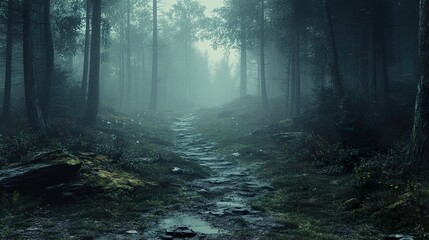 Obraz premium Enigmatic Forest Path: A Mystical Journey into the Woods