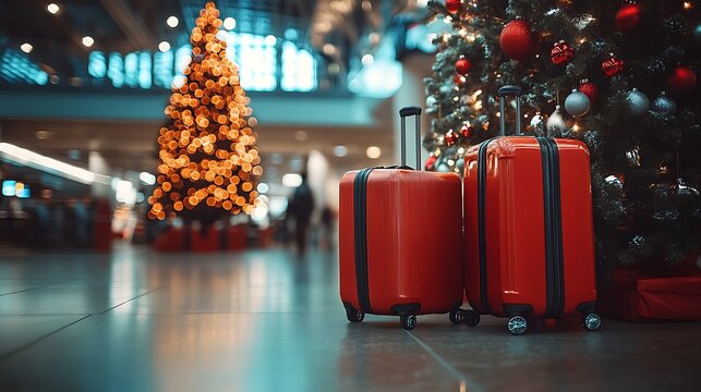 Holiday travel preparations airport terminal luggage festive indoor