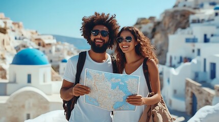 Couple exploring santorini greece travel photo summer vibes © pongtap