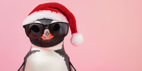 Fototapeta premium A cute penguin wearing sunglasses and a Christmas hat against a pink background, generative AI