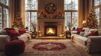 Fototapeta premium Soft blankets and plush pillows invite relaxation in this elegant winter living room, where twinkling lights and beautiful decor create a warm atmosphere by the crackling fireplace