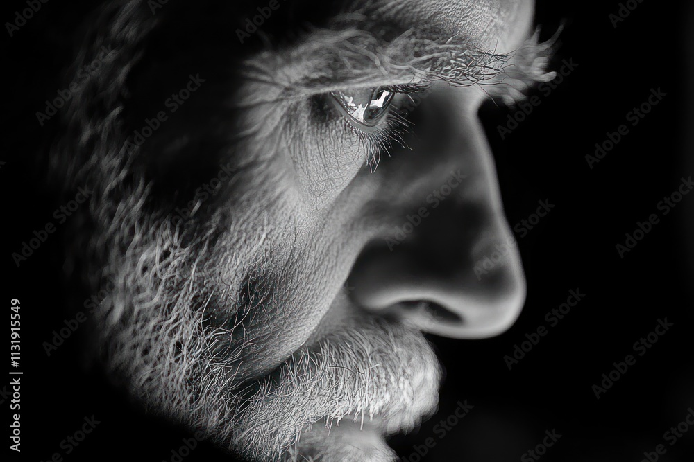 Poster close up black and white portrait of a man typing on laptop with natural light from window