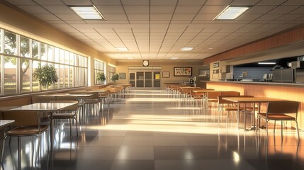 Fototapeta premium Sunlit School Cafeteria: Tranquil Interior Design