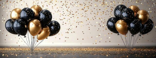 Black and Gold Balloon Celebration Elegant Birthday Party Confetti Design Invitation Template