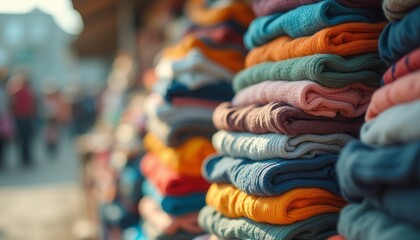 Obraz premium A close-up view of neatly folded sweaters in a variety of colors, creating a visually striking display at a lively market. The soft textures and warm hues invite shoppers to explore, evoking a sense