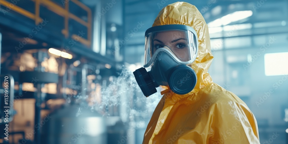 Aufkleber A professional wearing protective gear operates a noise reduction system in a chemical factory. The focus is on safety and maintaining a calm workplace.