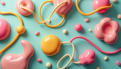 A vibrant arrangement of glossy, colorful shapes in pink, yellow, and orange sprawls across a soft turquoise background. The playful composition evokes a sense of joy and creativity, inviting viewers