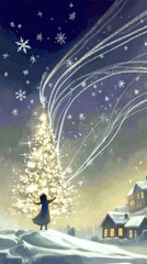 Obraz premium Magical winter scene with a glowing Christmas tree and a person admiring it 