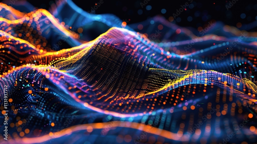 Poster colorful particles are forming waves, creating a mesmerizing visualization of big data flowing in cy