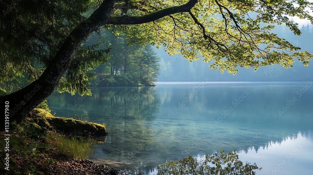 Poster serene lake scene with trees reflecting in tranquil clear water : generative ai