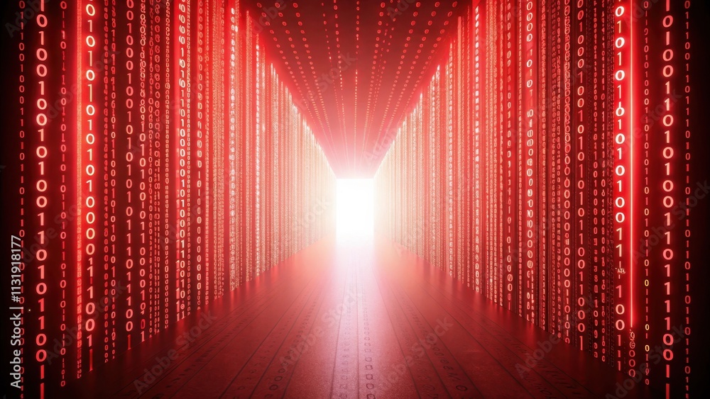Poster red binary code streams flowing down the walls of a digital tunnel, converging towards a bright ligh