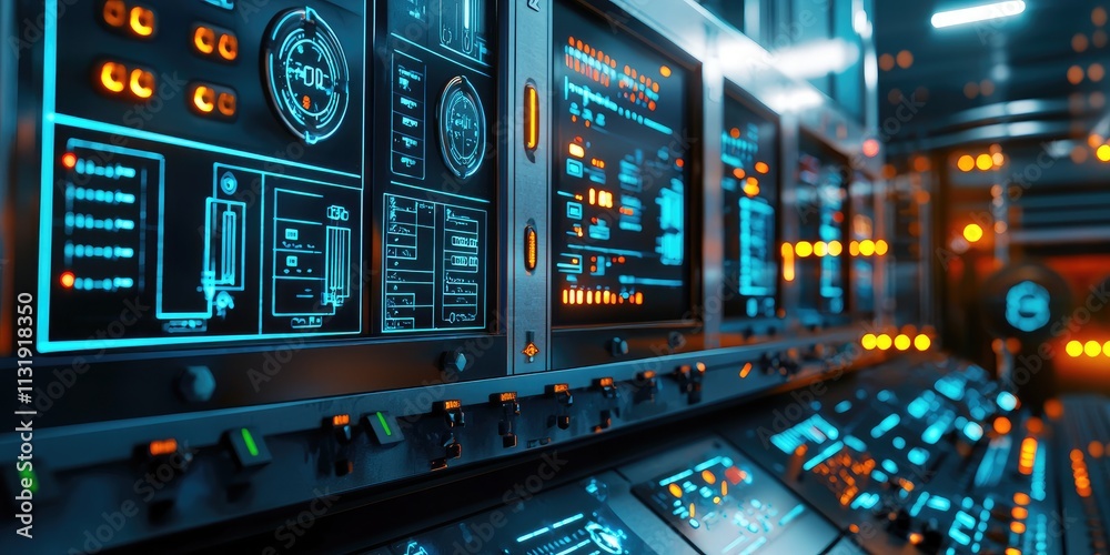Aufkleber a control panel with multiple integrated systems in an industrial facility, showing the advanced aut