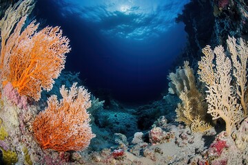 Vibrant coral reef scene with diverse marine life.