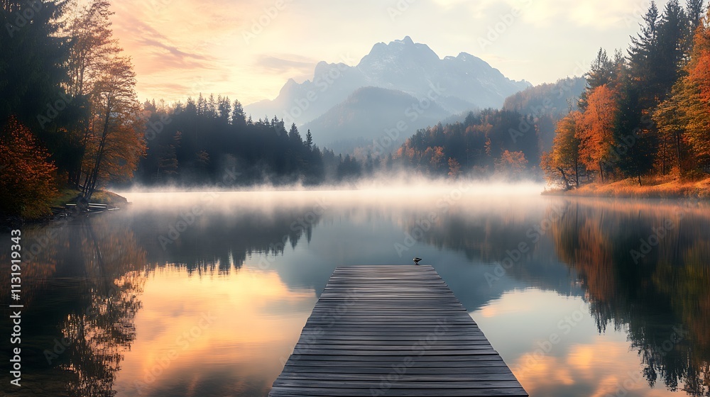 Aufkleber serene autumn morning lake scene with mist and mountain background : generative ai