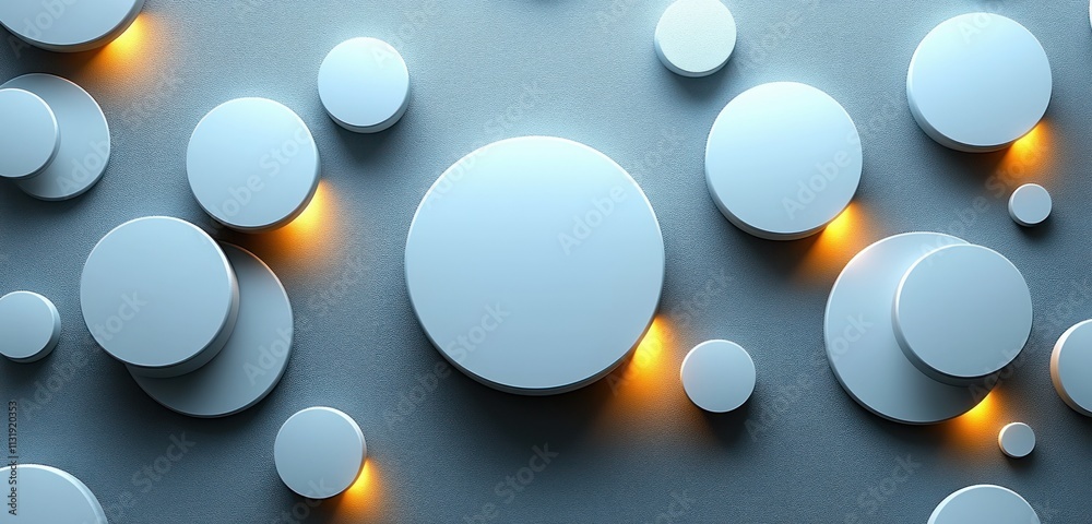 Poster Minimalist White Buttons and Circles for Modern UI Design in Soft Gray Background with Chiaroscuro Lighting