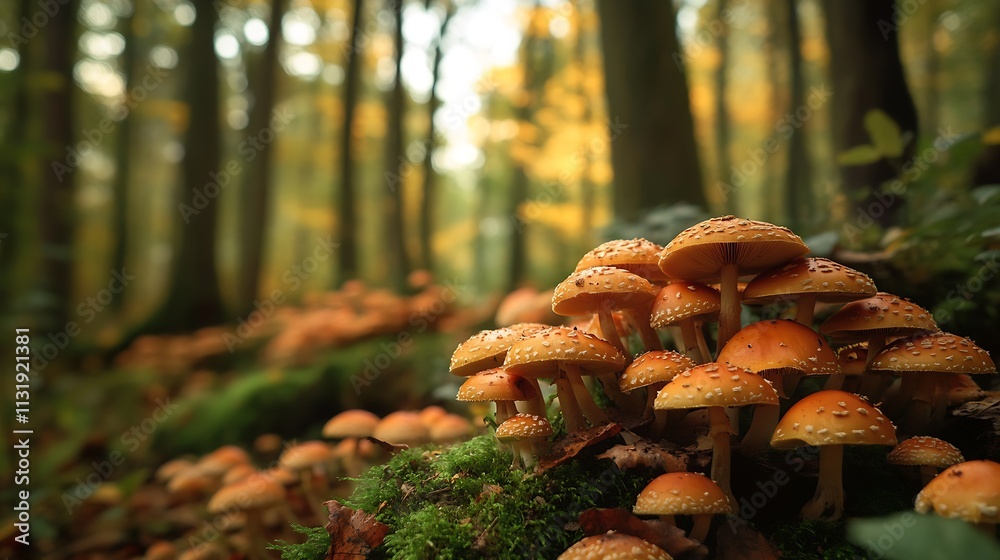 Aufkleber cluster of orange fungi growing in dense autumn forest setting : generative ai