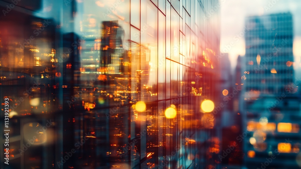 Poster Abstract city skyline with sunset reflection illuminating urban architecture : Generative AI