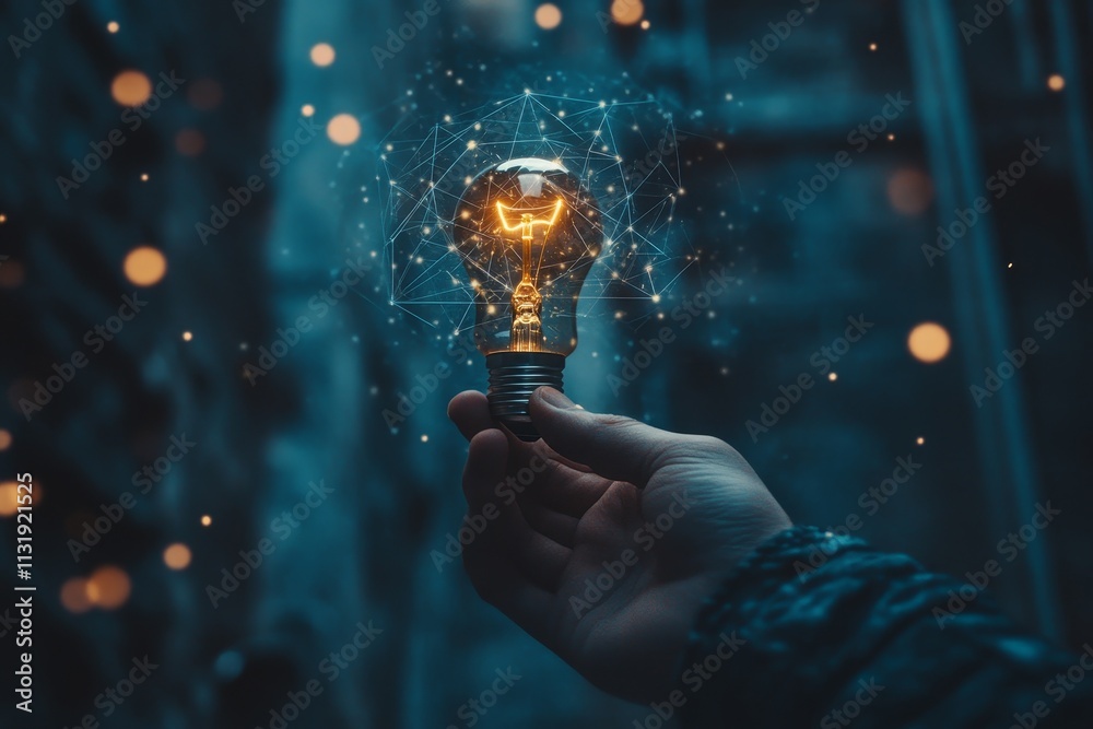 Poster hand holding glowing lightbulb with network connections, symbolizing innovation and ideas.