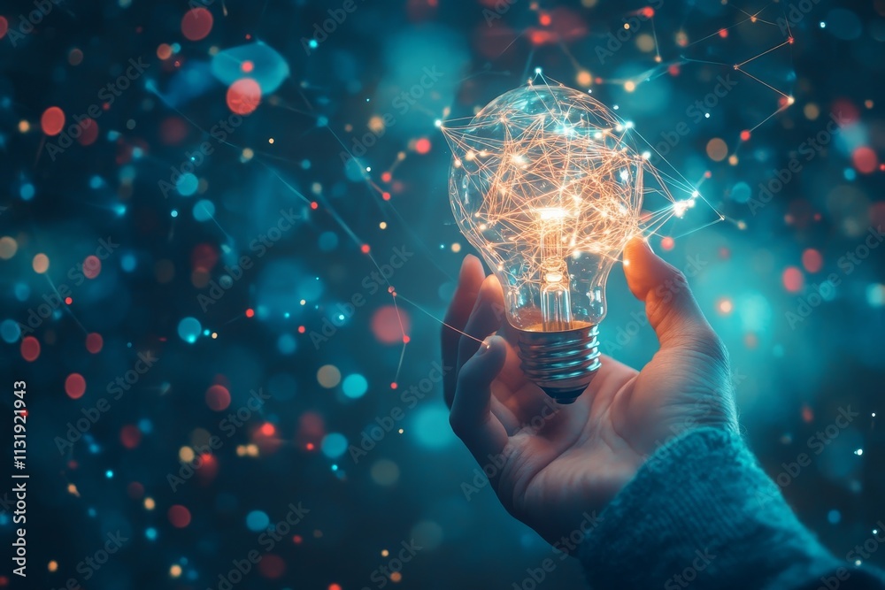 Aufkleber hand holding illuminated lightbulb with network connections, symbolizing innovation and ideas.