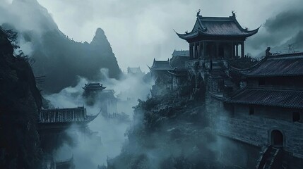 Misty mountain village with ancient Chinese architecture.