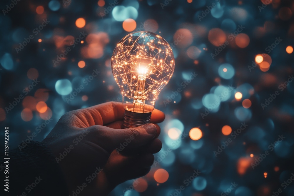 Poster Hand holding illuminated lightbulb with network connections against bokeh background.