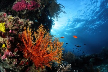 Vibrant coral reef with colorful marine life and sunlight.