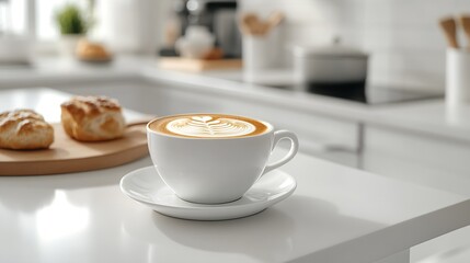 Obraz premium Modern White Kitchen with Freshly Brewed Latte in Minimalistic Style : Generative AI