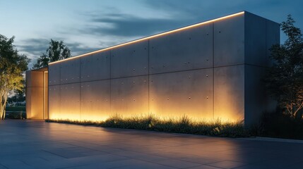 Obraz premium High boundary wall featuring large concrete panels and integrated LED strip lighting for a futuristic architectural feel
