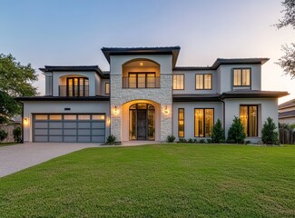 Fototapeta premium Luxurious modern two-story home with gray siding, stone accents, and a three-car garage at dusk.