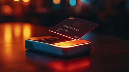 Close-up of NFC-enabled credit card hovering over payment terminal, illustrating secure tap-to-pay method